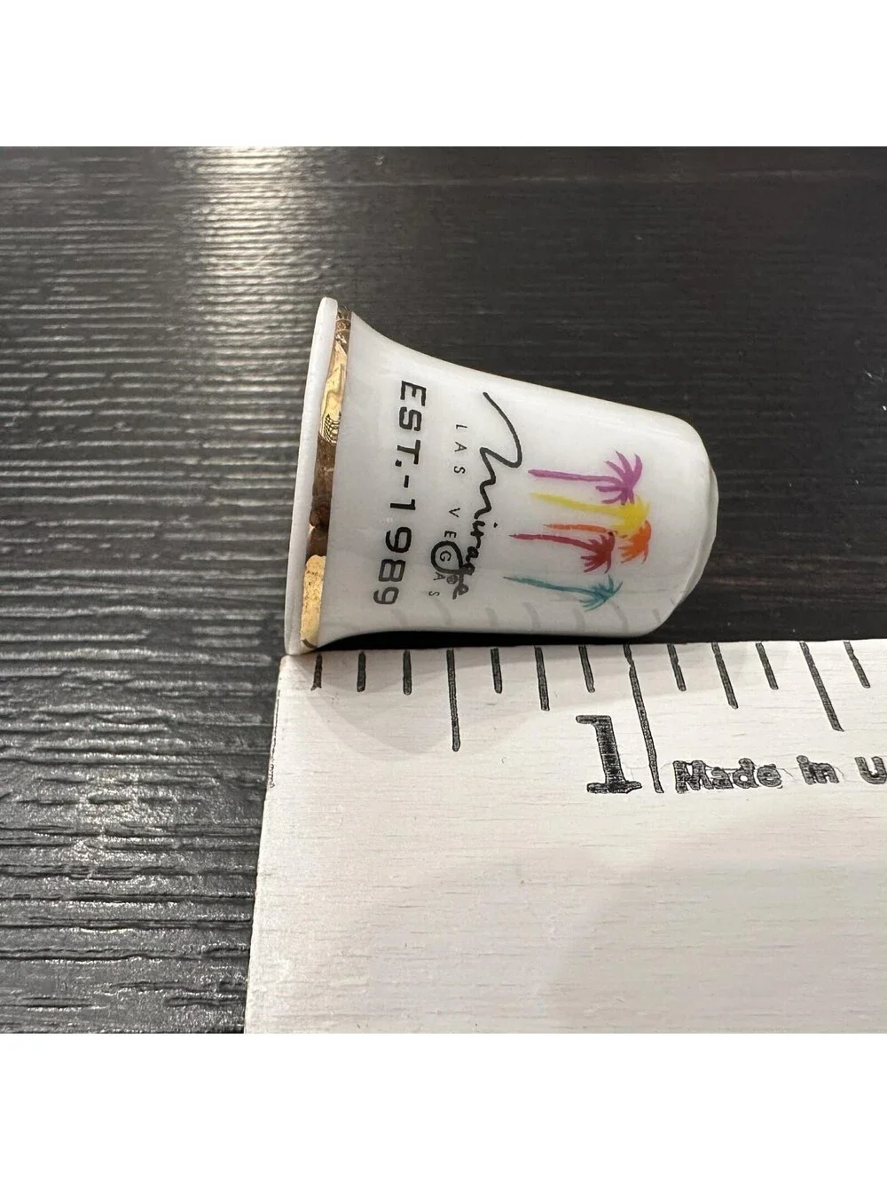 Vintage Mirage Las Vegas Est 1989 Palm Trees Souvenir Thimble Gold Trim EUC